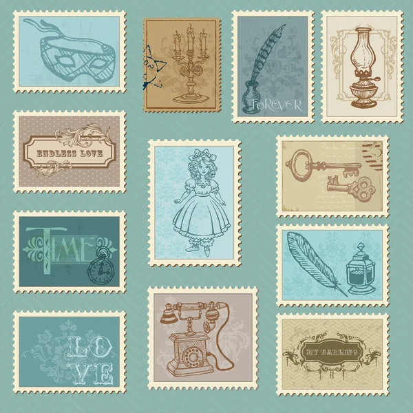 Projekt retro znaczków pocztowych - na ślub, zaproszenie, congratul Ilustracja Stockowa