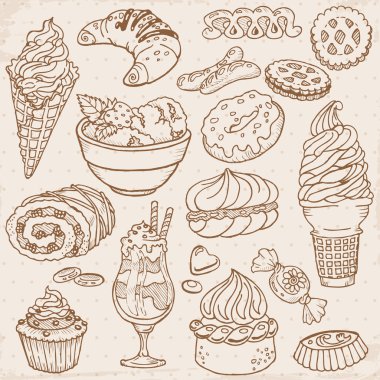 Set of Cakes, Sweets and Desserts - hand drawn in vector clipart