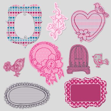 Set of Cute Doodle Frames - with Flower Elements and Birds in ve clipart