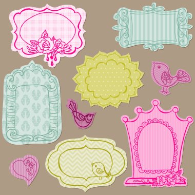 Set of Cute Doodle Frames - with Flower Elements and Birds in ve clipart