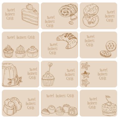 Set of Business Cards - Cakes, Sweets and Desserts - hand drawn clipart