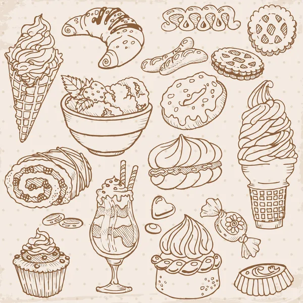 Set of Cakes, Sweets and Desserts - hand drawn in vector — Stock Vector