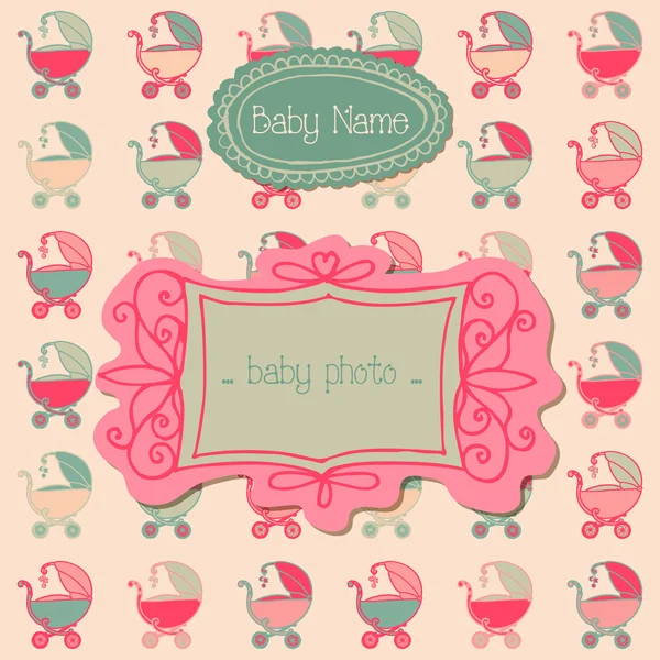 Baby Girl Arrival Card with Photo Frame and place for your text — Stock Vector
