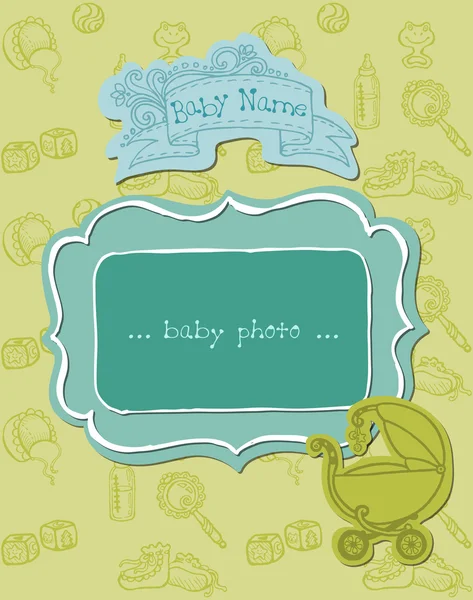 Baby Boy Arrival Card with Photo Frame in vector — Stock Vector