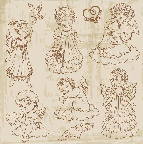 Anjos vintage, Bonecas, Babys - mão desenhada em vetor —  Vetores de Stock