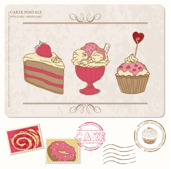 Conjunto de cupcakes en postal vieja con sellos - para diseño y scr — Vector de stock