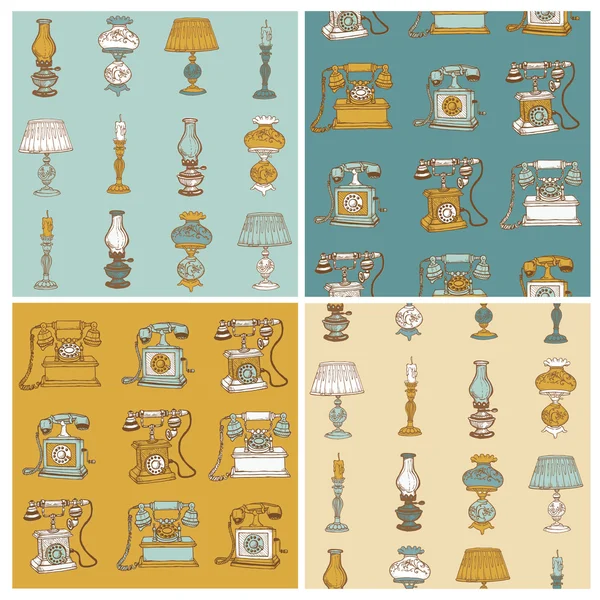 Set of Seamless Backgrounds with Vintage Telephones and Lamps - — Stock Vector