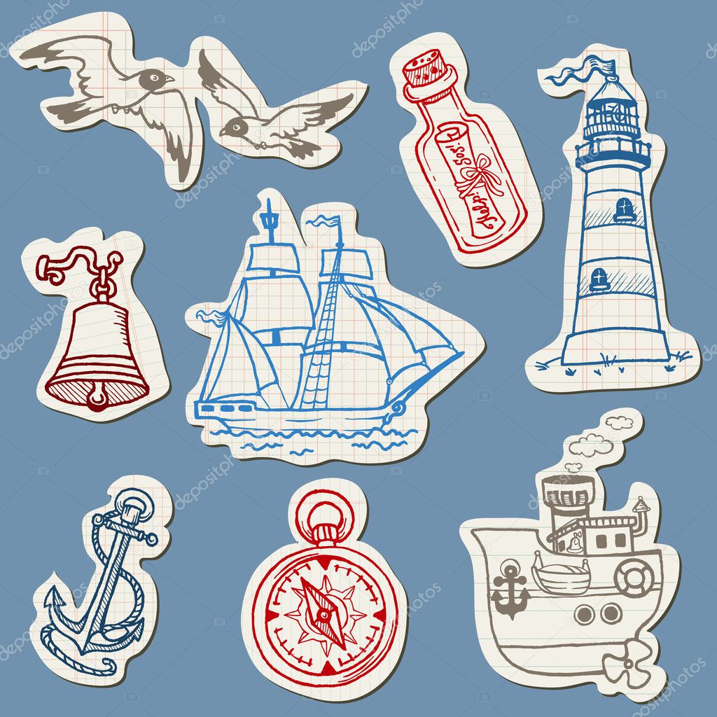 Nautical doodles on Torn Paper- Hand drawn collection in vector