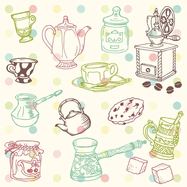 Handgezeichnetes Doodle - Tee- und Kaffeezeit im Vektor — Stockvektor