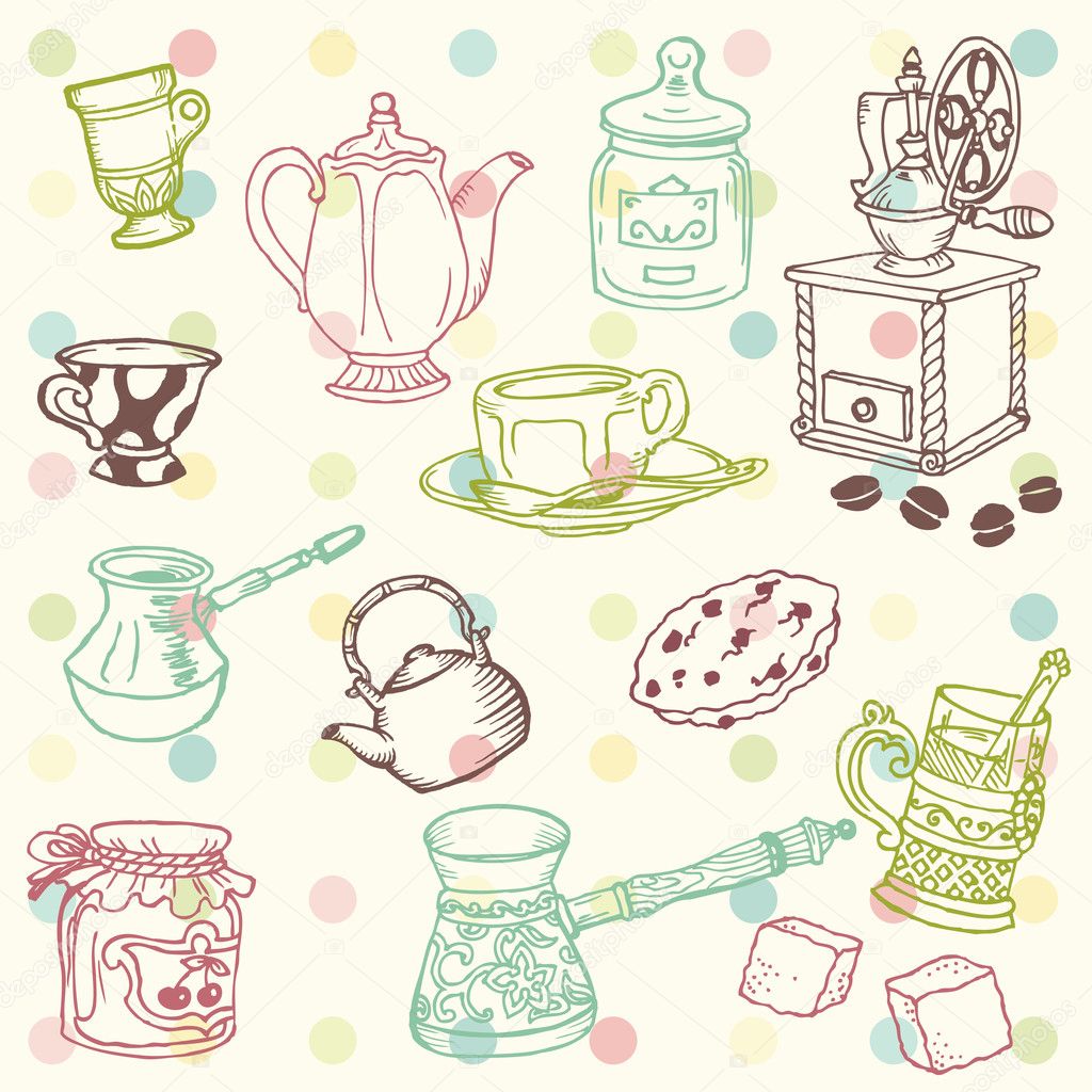 Set of hand drawn doodle - Tea and Coffee Time in vector