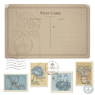 Vintage Postcard and Set of Postage Stamps - with Flower and Bir clipart