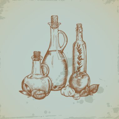 Hand drawn Olive Oil in Glass Bottles. Still life illustration. clipart