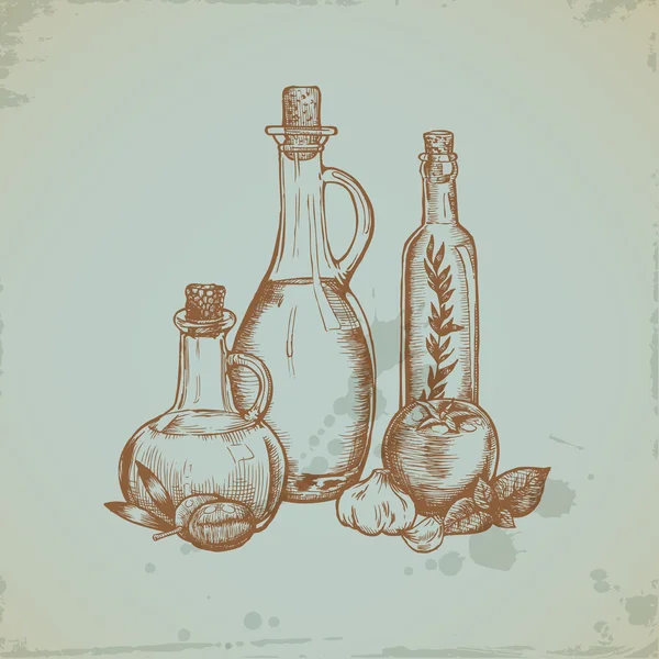 Azeite desenhado à mão em garrafas de vidro. Ilustração da natureza morta . — Vetor de Stock