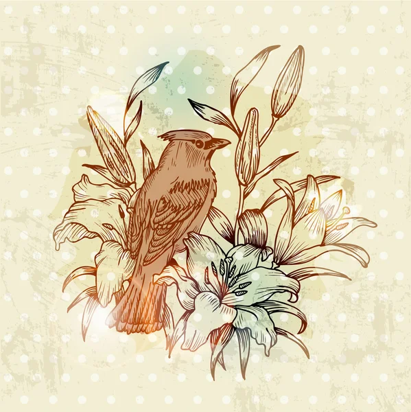 Vintage-Frühlingskarte mit Vogel und Blumen - handgezeichnet in Vektor — Stockvektor