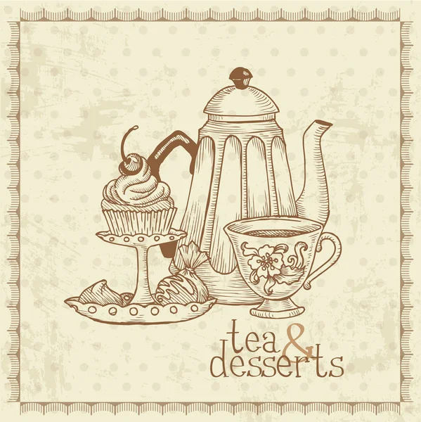 Thé et Desserts - Carte de Menu Vintage en vecteur — Image vectorielle