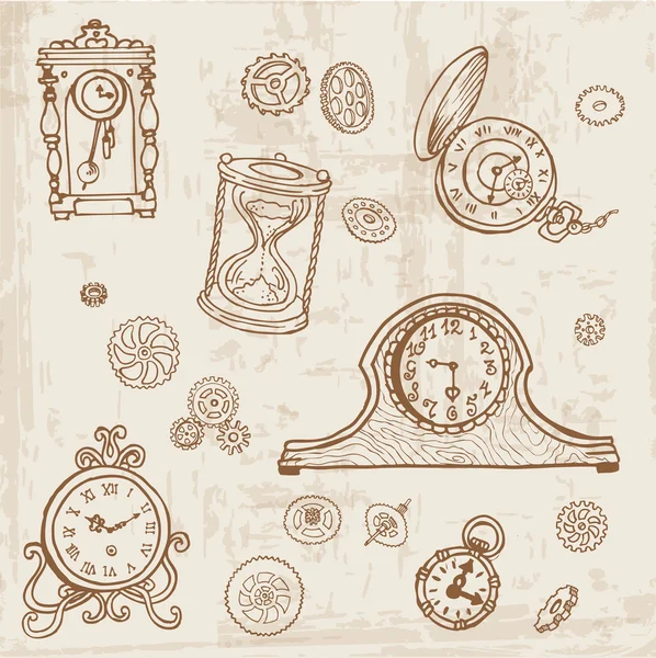 stock vector Set of Vintage Doodle Clock and gear - hand drawn in vector