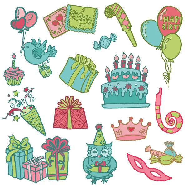 Handgezeichnete Gestaltungselemente für Geburtstagsfeiern - für Sammelalbum — Stockvektor