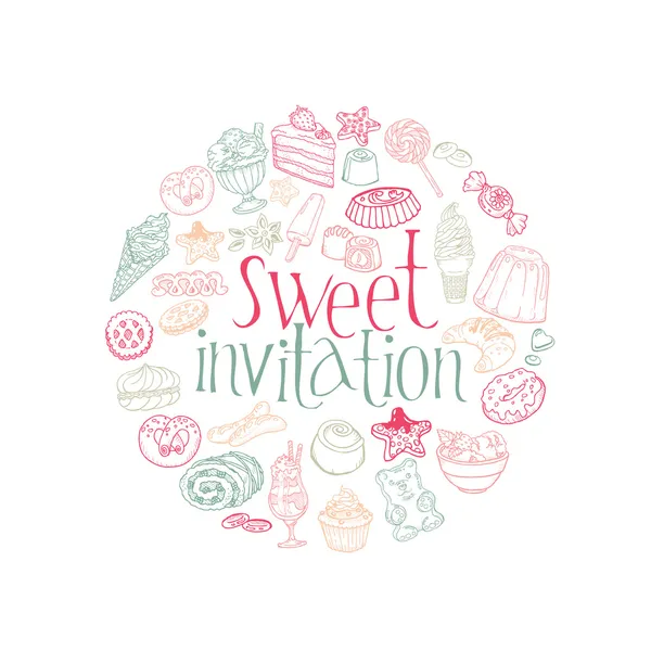 Zestaw ciast, słodyczy i deserów-karta zaproszenie w wektor — Wektor stockowy