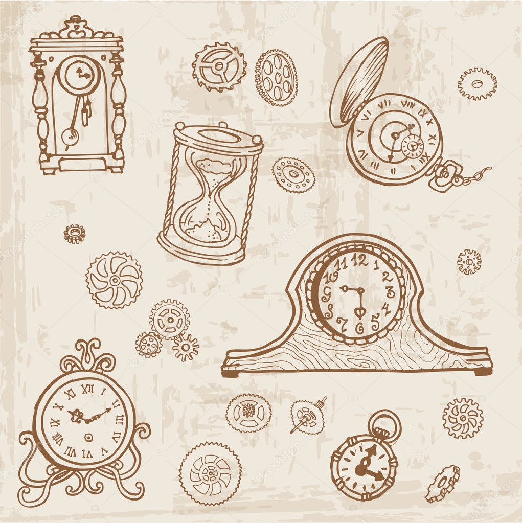 Set of Vintage Doodle Clock and gear - hand drawn in vector