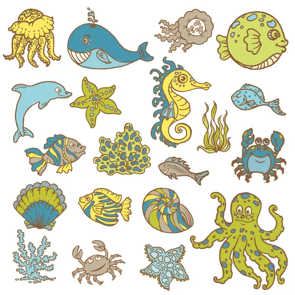 Doodles de vida marinha - Coleção desenhada à mão em vetor — Vetor de Stock
