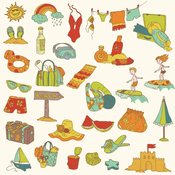 Colección de garabatos de vacaciones de verano - dibujado a mano en vector — Archivo Imágenes Vectoriales