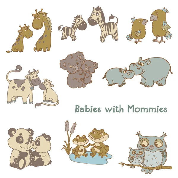 Los bebés con sus mamás - mano dibujada en el vector — Archivo Imágenes Vectoriales