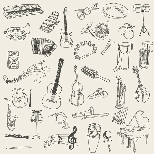 Set di strumenti musicali disegnati a mano in vettore — Vettoriale Stock