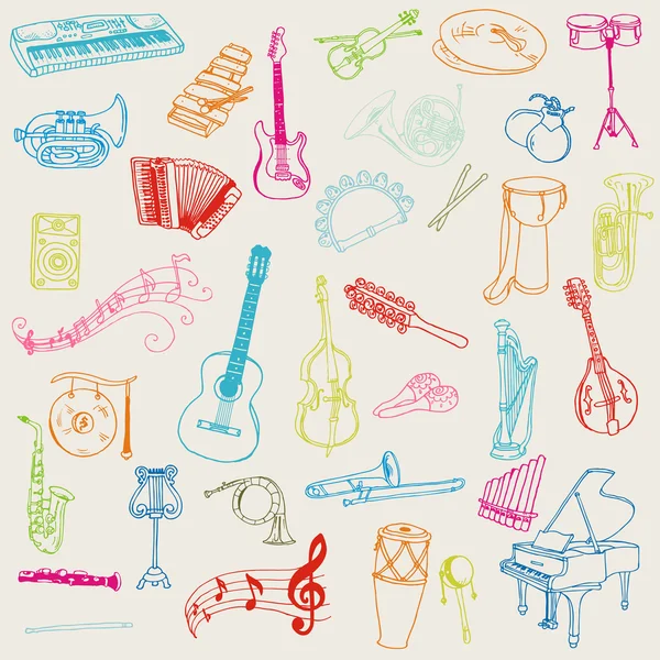 Conjunto de instrumentos musicales - mano dibujada en vector — Vector de stock