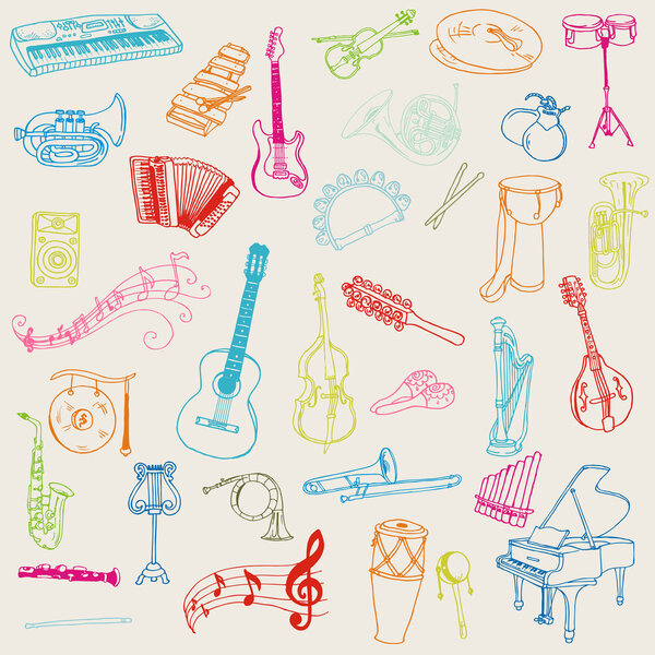 Conjunto de instrumentos musicales - mano dibujada en vector — Vector de stock