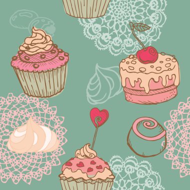 Seamless Background with Cakes, Sweets and Desserts - in vector clipart