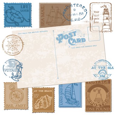 Postcard with Retro SEA Stamps - High Quality - for design clipart