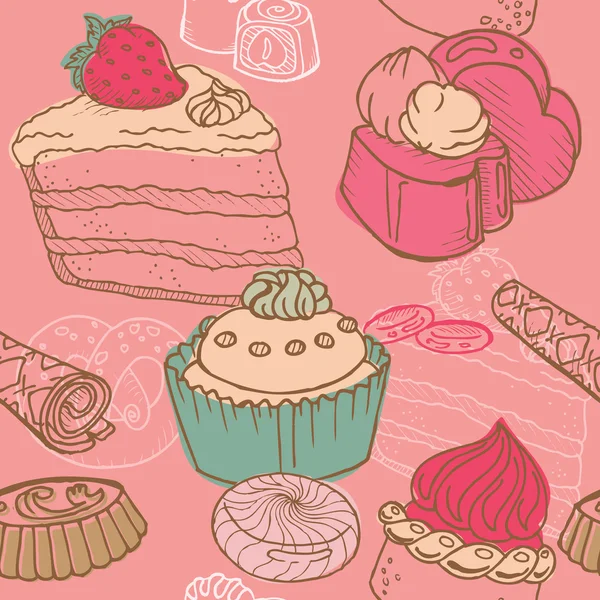 Бесшовный фон с тортами, сладостями и десертами - в векторе — стоковый вектор