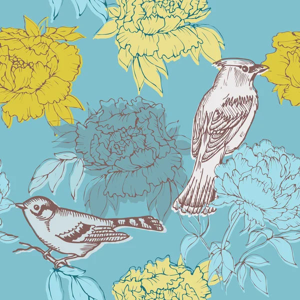 Ptáků a květin - bezešvé vzor ve vektoru — Stockový vektor