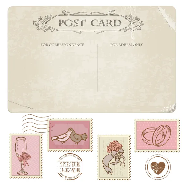 Cartão postal vintage e selos de correio - para design de casamento, invita — Vetor de Stock