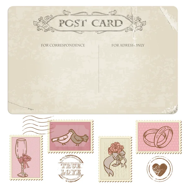 Vintage Postcard and Postage Stamps - for wedding design, invita Stock Illustration