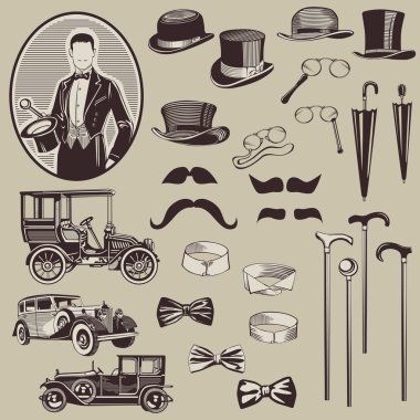 Gentlemen's Accessories and Old Cars - vector set- High Quality clipart