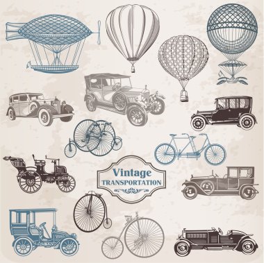 Vector Set: Vintage Transportation - collection of old-fashioned clipart