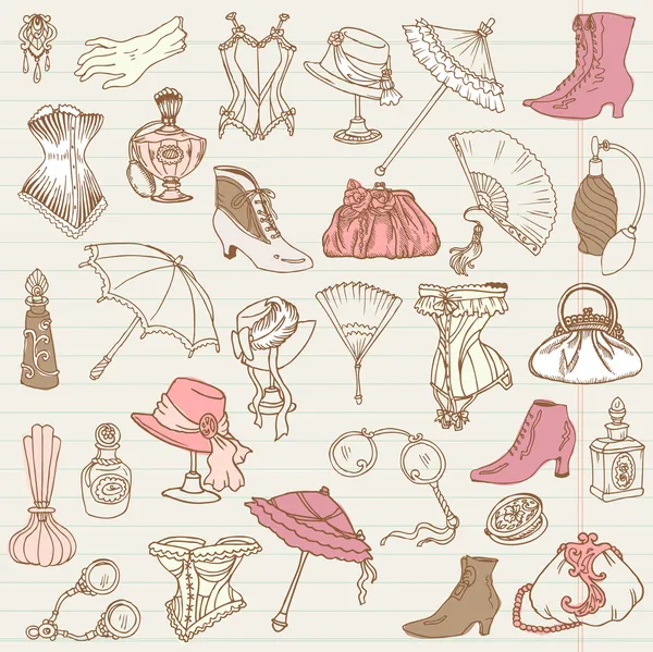 Colección de garabatos de moda y accesorios para damas - dibujado a mano — Vector de stock