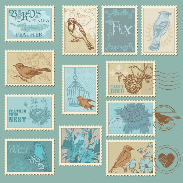 Retro-Briefmarken für Vögel - für Design, Einladung, Sammelalbum — Stockvektor