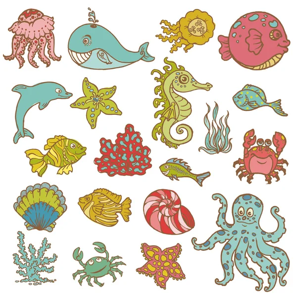 Garabatos de la vida marina - Colección dibujada a mano en vector — Vector de stock