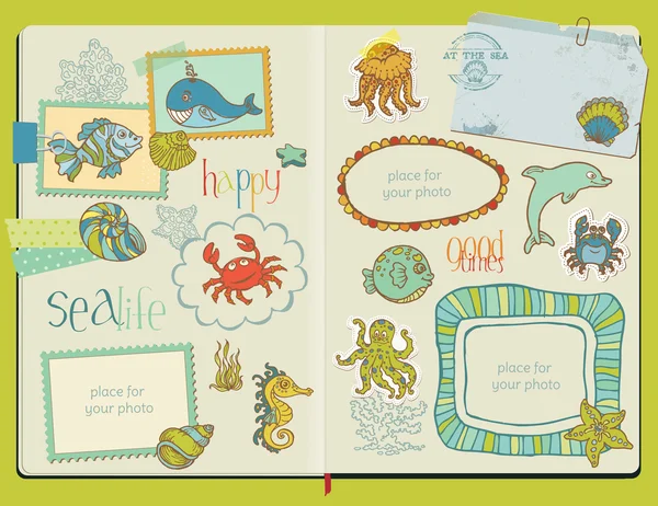 Vector Scrapbook Elementos de diseño - Vida marina Conjunto - dibujado a mano — Archivo Imágenes Vectoriales