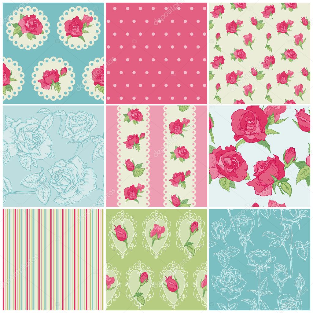 Set of Seamless Floral Rose backgrounds - in vector