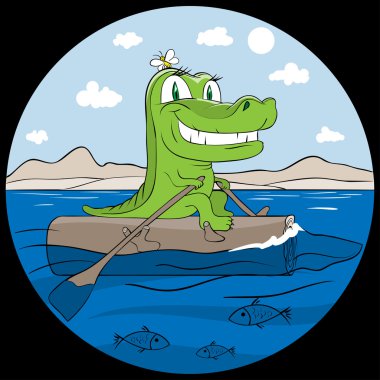 Smiling crocodile traveling in sea sitting on log clipart