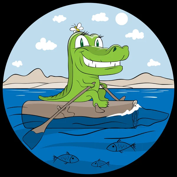 stock vector Smiling crocodile traveling in sea sitting on log