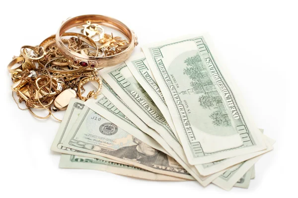 Sucata de pilha de ouro e prata e dólar em dinheiro — Fotografia de Stock