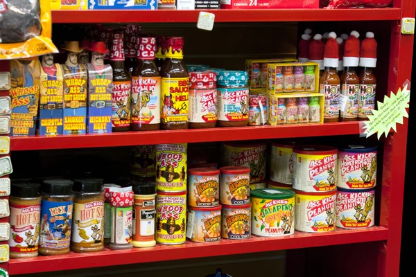 stock image Hot sauce on store shelf