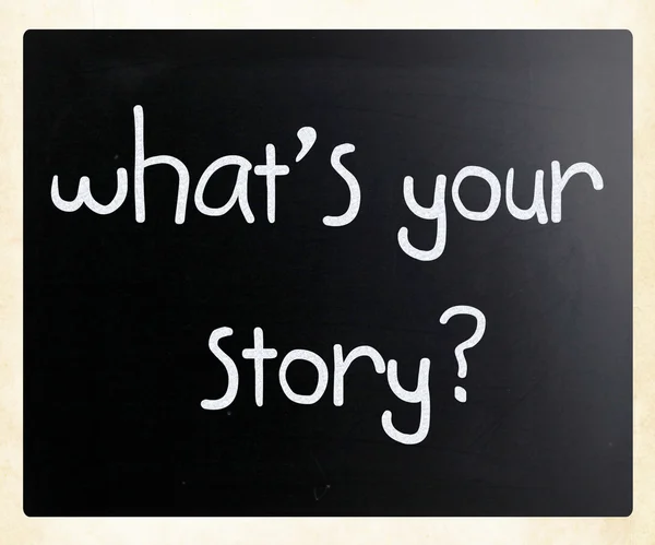 "Jaka jest Twoja historia "odręczne z białą kredą na blackboar — Zdjęcie stockowe