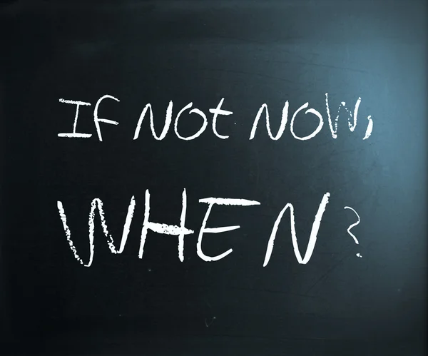 "今でなければとき、?」黒板に白チョークで手書き — ストック写真