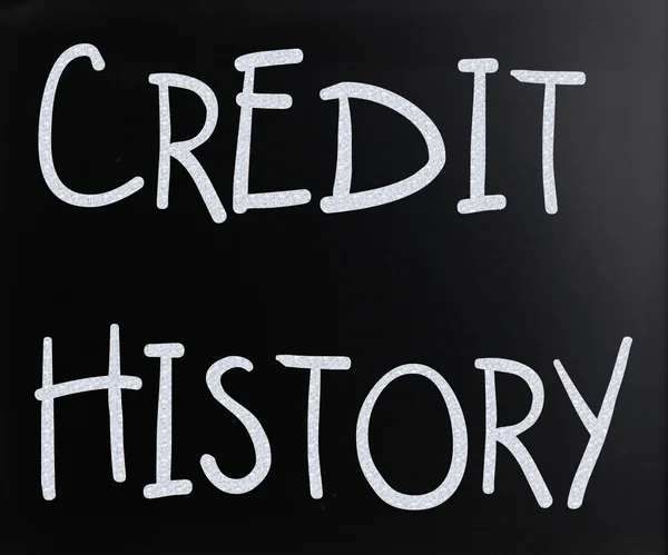 "Historia del crédito "escrito a mano con tiza blanca en una pizarra —  Fotos de Stock