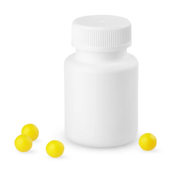 Frasco de plástico com vitaminas amarelas — Fotografia de Stock